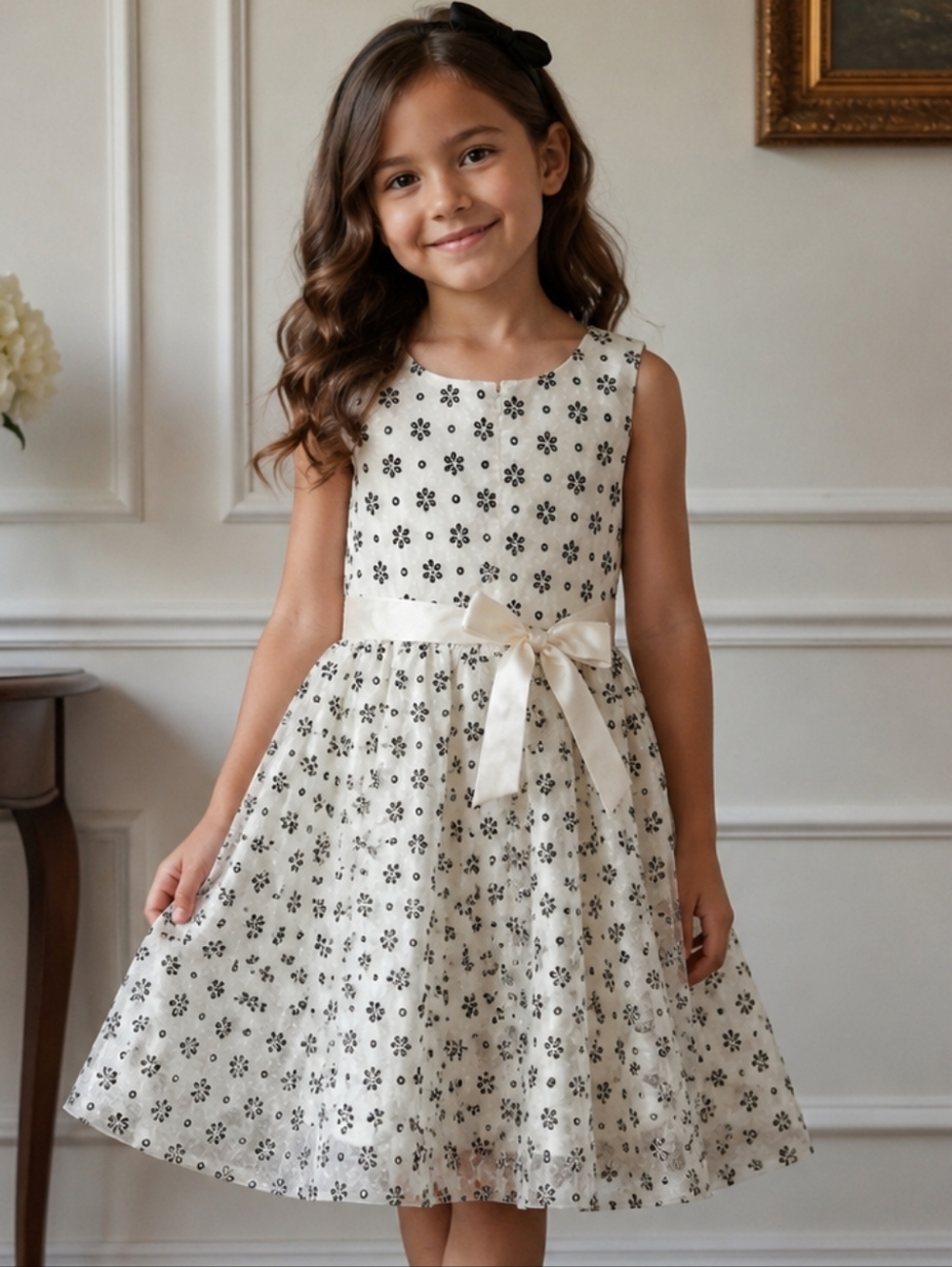 Sorbet Girls Dress Size 7 Ivory & Black Floral Bow Aesthetic Cottagecore Elegant